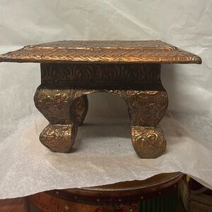 Antique India Copper Coated Handcrafted Folk Art Wooden Display Stool 10”sq X 6”